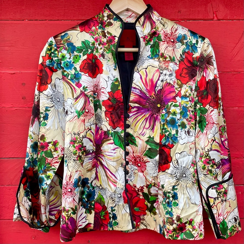 JS Collections silk floral button down Asian style fitted jacket